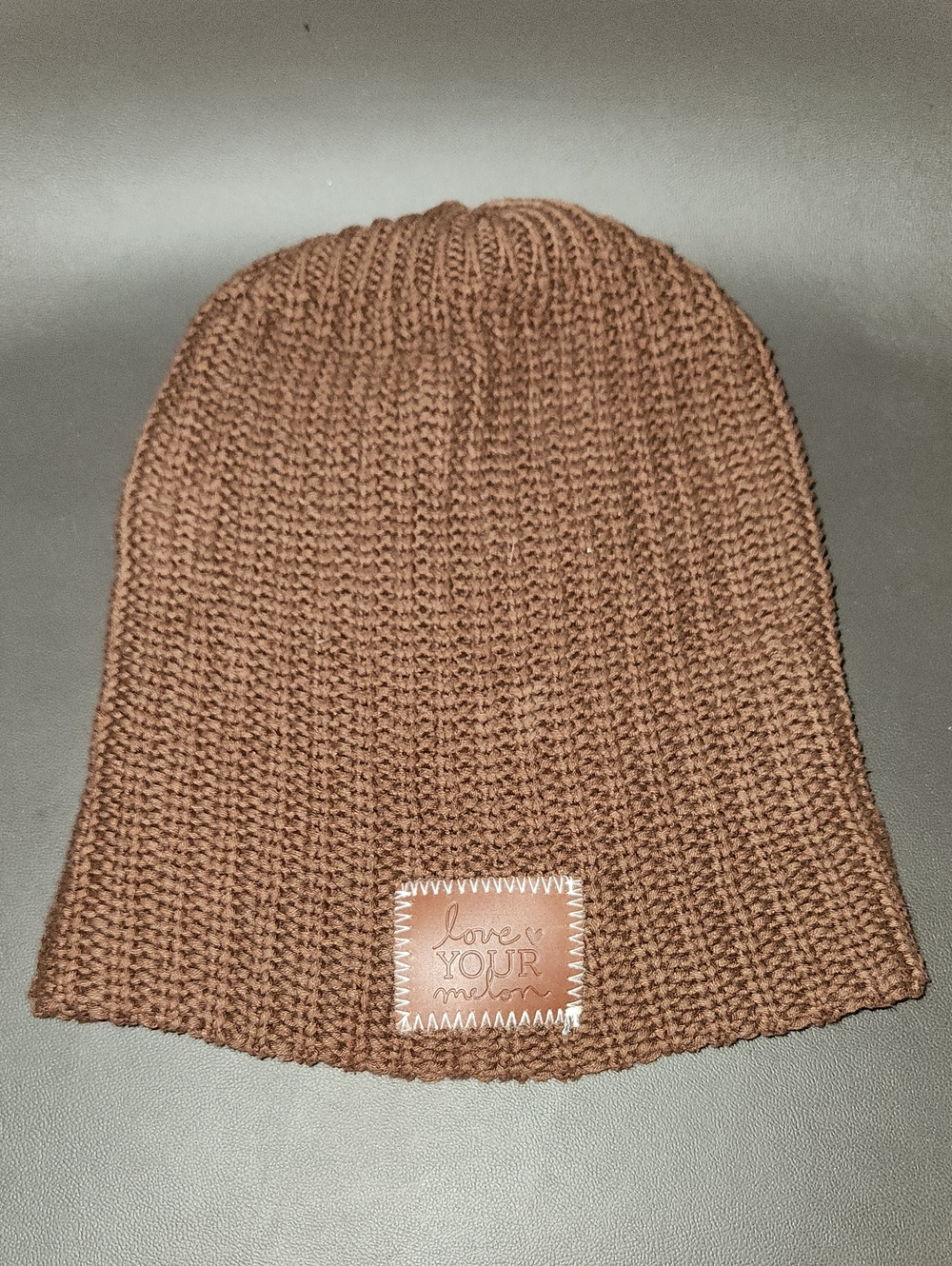 Love Your Melon Brown Knit Beanie with Leather Logo Patch